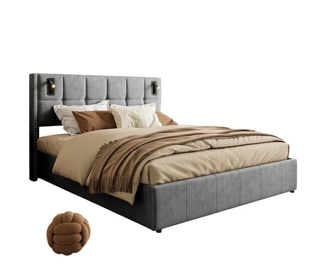 Cama de 160x200 cm com arrumação em veludo cinzento, tachas decorativas e luzes de leitura led – cabeceira de design e arrumação integrada.