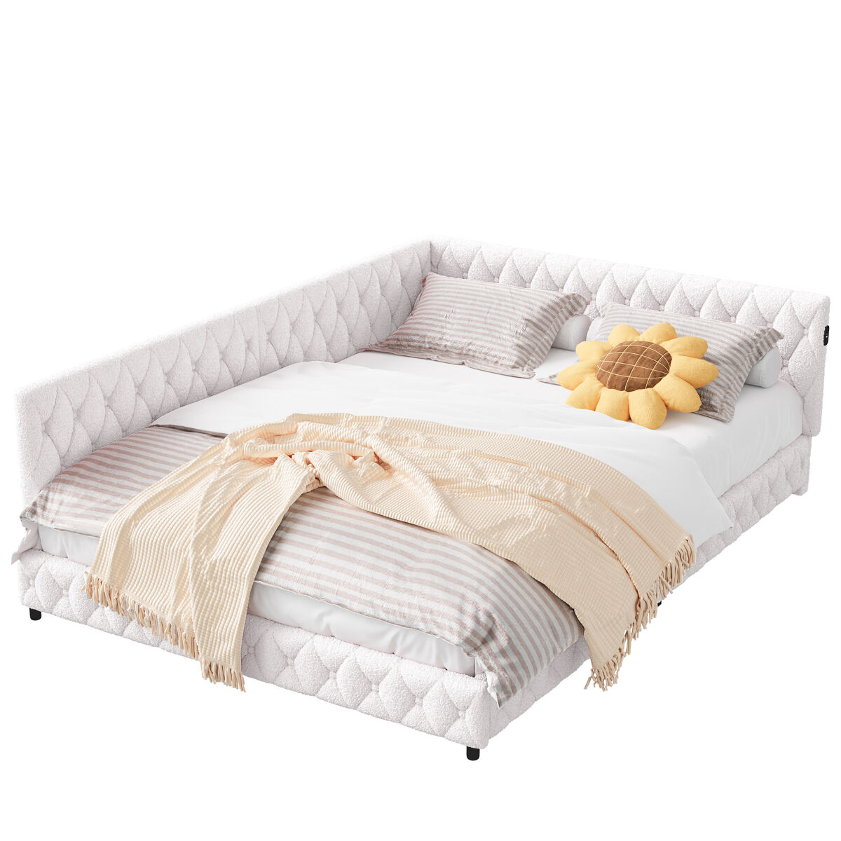 Cama estofada, sofá-cama, cama multifunções com carregamento usb, com luz debaixo da cama, estrado de ripas de veludo macio (140x200cm, bege)