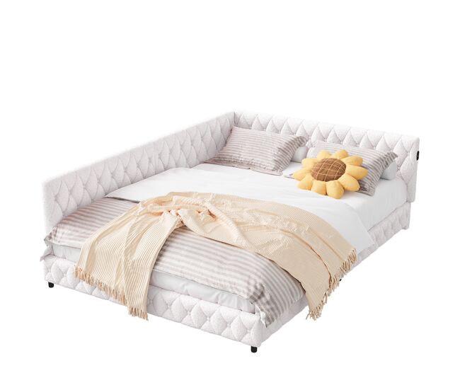 Cama estofada, sofá-cama, cama multifunções com carregamento usb, com luz debaixo da cama, estrado de ripas de veludo macio (140x200cm, bege)