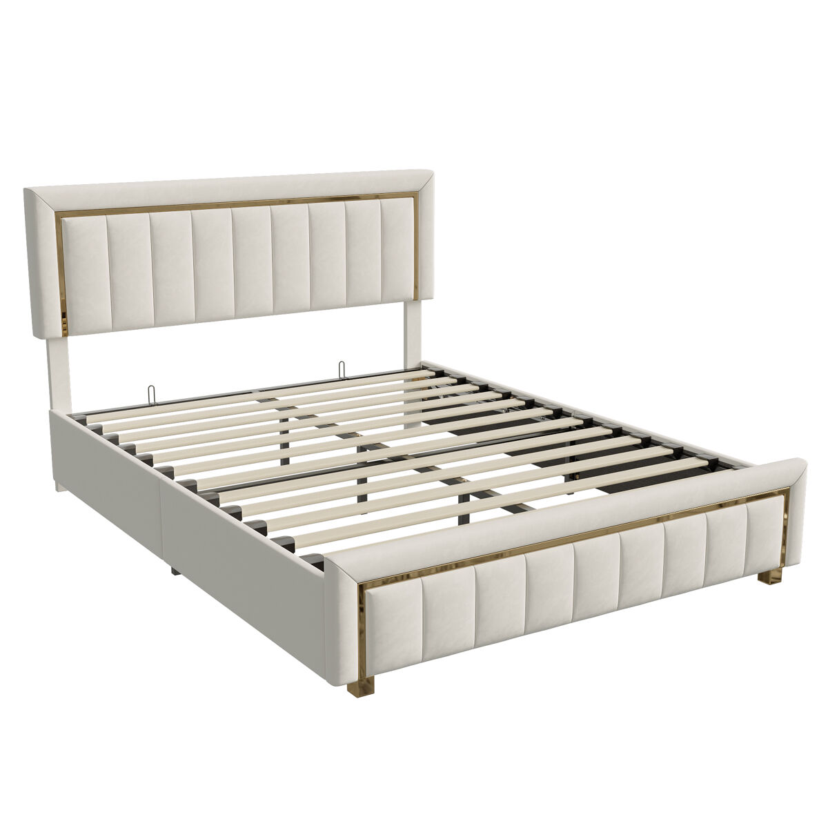 Cama de veludo com arrumação 140x200cm - cama de arrumação funcional - cama de casal - base de ripas e caixa de arrumação hidráulica - bege