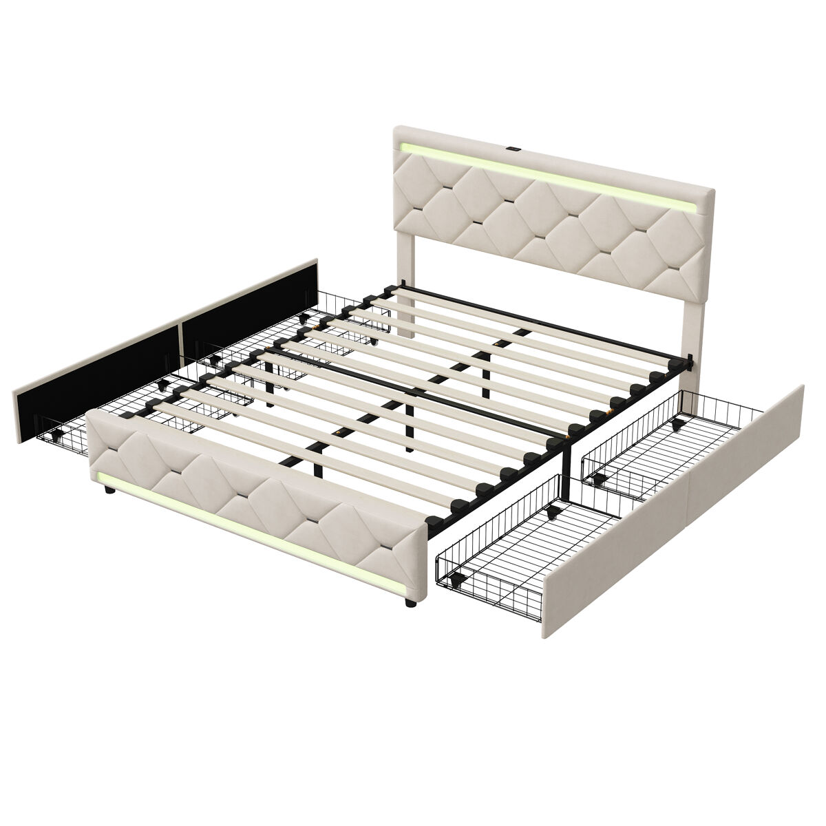 Cama dupla 160x200 cm - veludo branco - 4 gavetas - fitas led rgb - portas usb/type-c