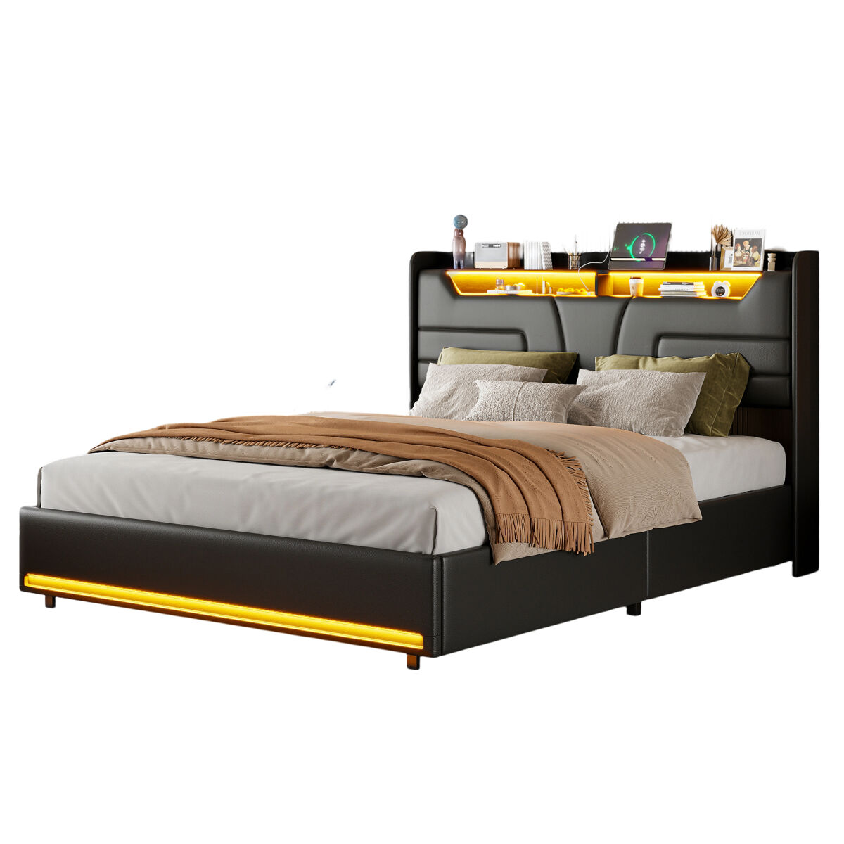 Cama estofada 140x190 cm - led - tomadas usb/electrical - estrado de ripas - arrumação - couro sintético preto - moderna