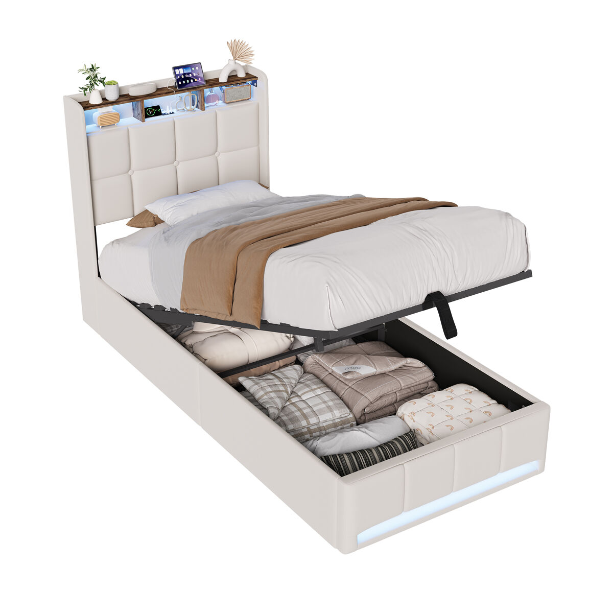 Cama 90x200 cm - led - baú hidráulico - estrado de ripas - carregamento usb e type-c - linho - bege