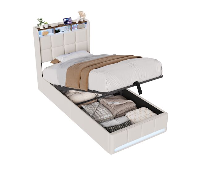 Cama 90x200 cm - led - baú hidráulico - estrado de ripas - carregamento usb e type-c - linho - bege
