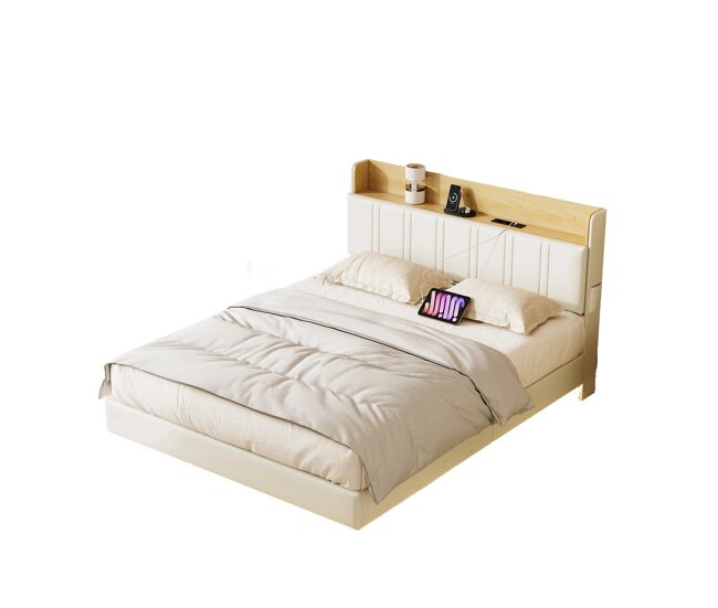 Cama de casal suspensa de design exclusivo com arrumação, luzes led multicoloridas e portas usb – 140x200 cm – couro sintético branco e carvalho claro