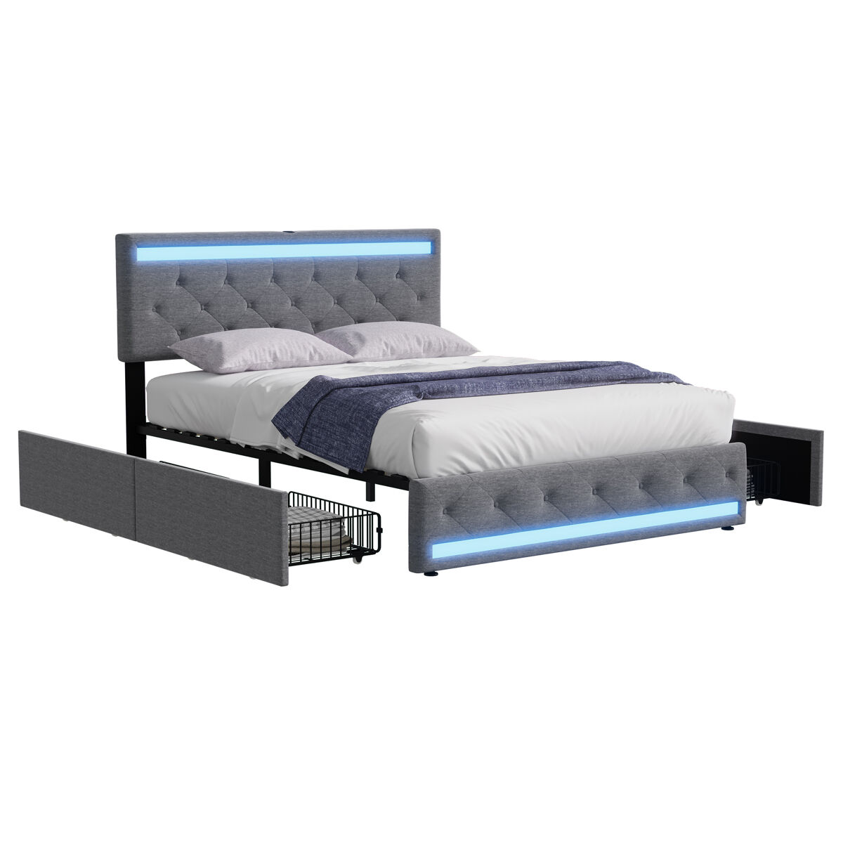 Cama de casal, 140x200 cm, cama estofada, 4 gavetas de arrumação, led rgb, usb e usb-c, tecido de linho, cinzento-escuro