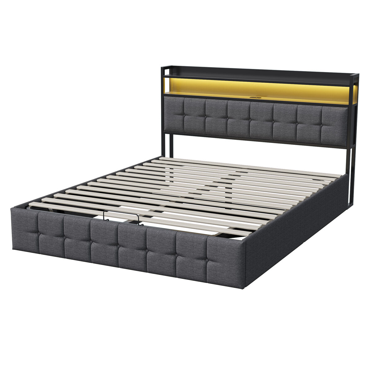 Cama estofada 140x200cm com usb e tomadas, cama jovem cama de casal com estrado de ripas e espaço de arrumação, cama com arrumação com led, linho,