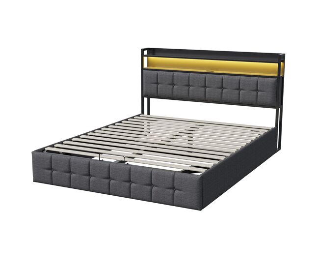Cama estofada 140x200cm com usb e tomadas, cama jovem cama de casal com estrado de ripas e espaço de arrumação, cama com arrumação com led, linho,
