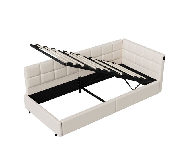 Cama de 90x200 cm com cabeceira de led e espaço para armazenamento, carregamento usb e tipo-c, iluminação rgb com controle remoto, design em veludo bege.