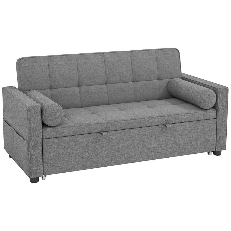Homcom sofá-cama 2 lugares 3 em 1, deslizante em tecido linho com encosto ajustável 6 níveis, bolsos laterais, 2 almofadas com capas removíveis, sala