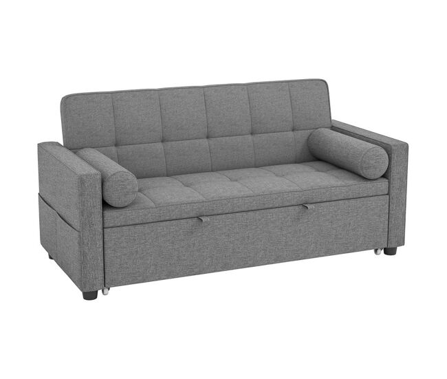 Homcom sofá-cama 2 lugares 3 em 1, deslizante em tecido linho com encosto ajustável 6 níveis, bolsos laterais, 2 almofadas com capas removíveis, sala