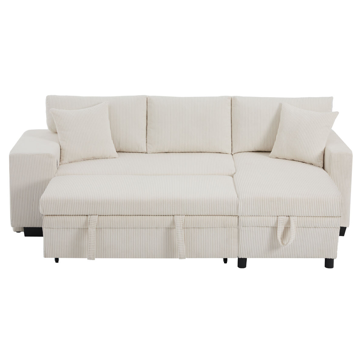 Sofá-cama conversível em l para 3 pessoas - com usb, almofadas, arrumação e prateleiras laterais - bege