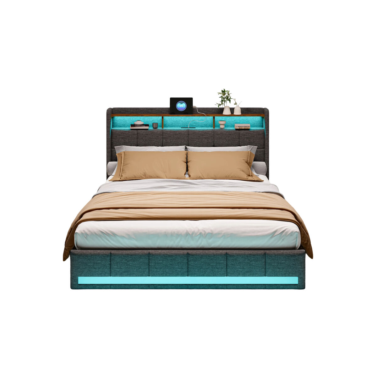 Cama de casal com iluminação led rgb, cabeceira com espaço de arrumação e portas usb/type-c, 4 gavetas, tecido de linho cinza – 140x200 cm