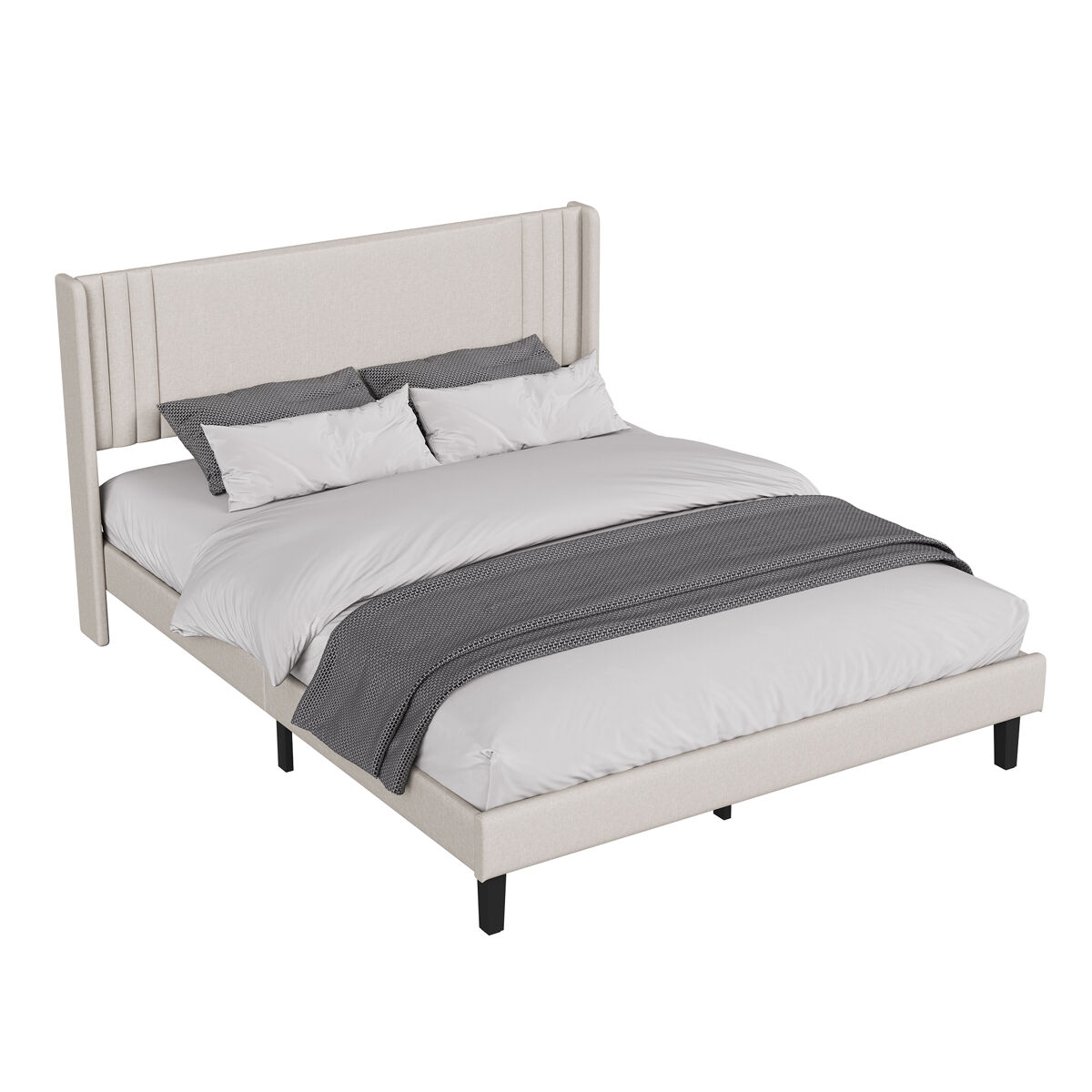 Cama de casal 160x200 cm bege com tecido efeito linho e estrutura estofada acolchoada
