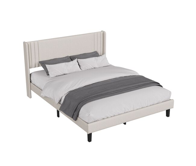 Cama de casal 160x200 cm bege com tecido efeito linho e estrutura estofada acolchoada
