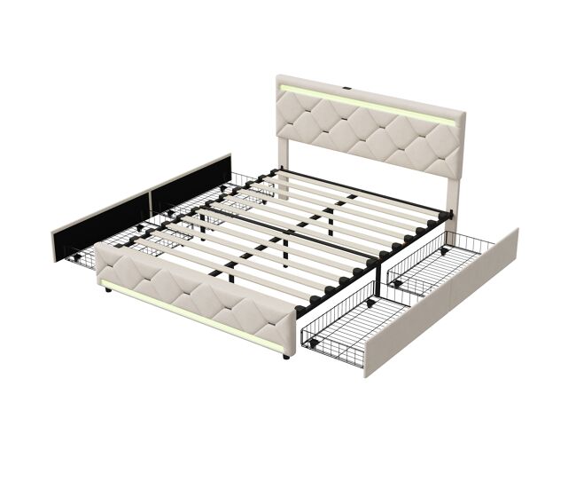 Cama dupla 140x190 cm - veludo branco - 4 gavetas - fitas led rgb - portas usb/type-c