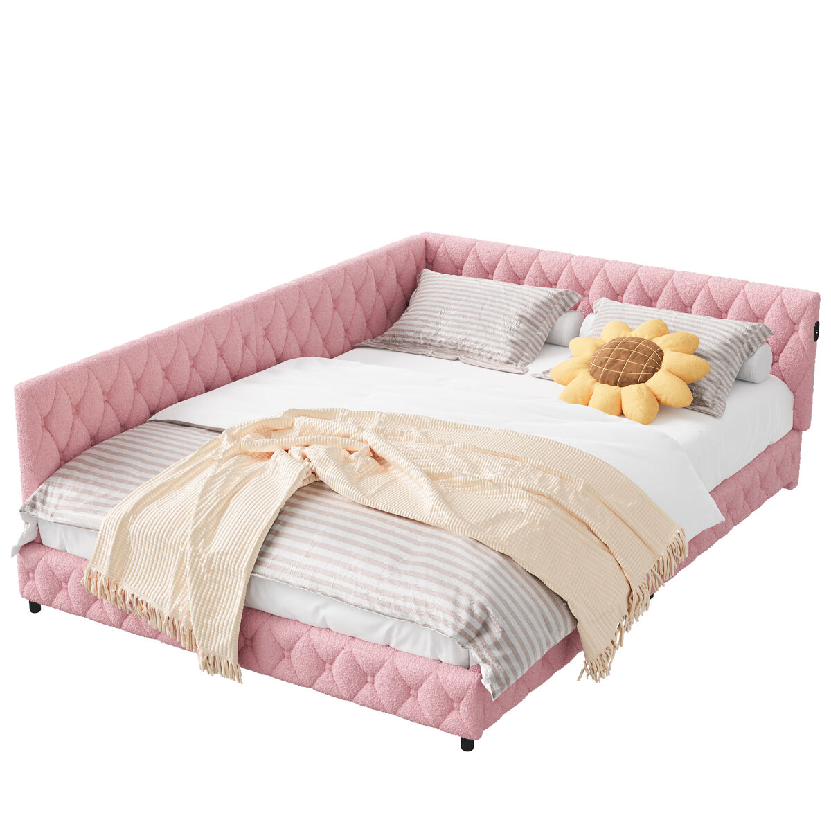 Cama estofada, sofá-cama, cama multifunções com carregamento usb, com luz debaixo da cama, estrado de ripas de veludo macio (140x200cm, rosa)