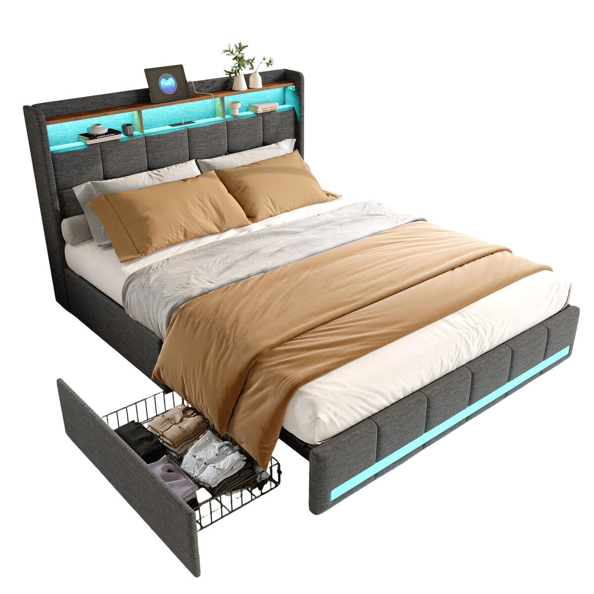 Cama de casal com iluminação led rgb, cabeceira com espaço de arrumação e portas usb/type-c, 4 gavetas, tecido de linho cinza – 140x190 cm