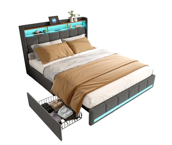 Cama de casal com iluminação led rgb, cabeceira com espaço de arrumação e portas usb/type-c, 4 gavetas, tecido de linho cinza – 140x190 cm
