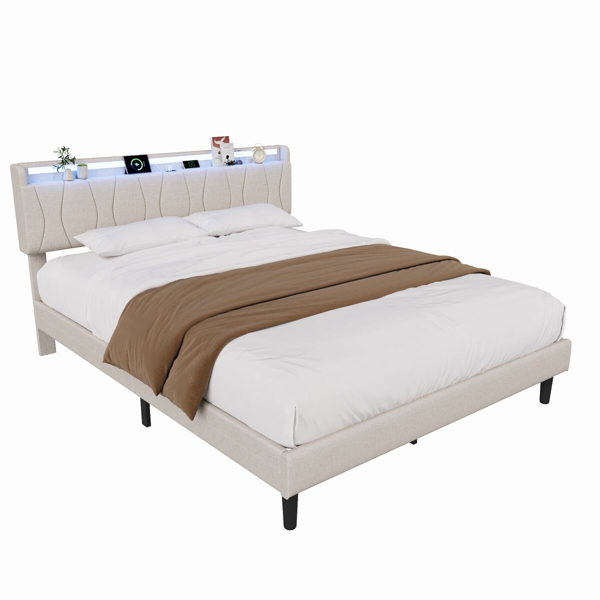 Cama de casal 160x200 cm bege com tecido efeito linho, cabeceira led rgb e portas usb e usb-c