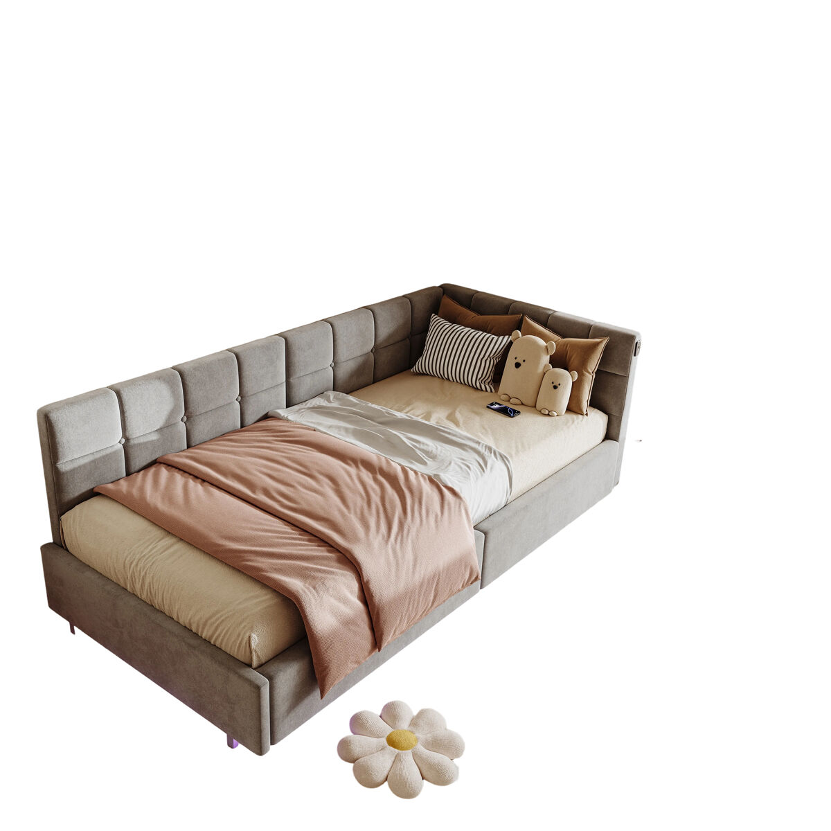 Cama de 90x200 cm com cabeceira de led e espaço para armazenamento, carregamento usb e tipo-c, iluminação rgb com controle remoto, design em veludo