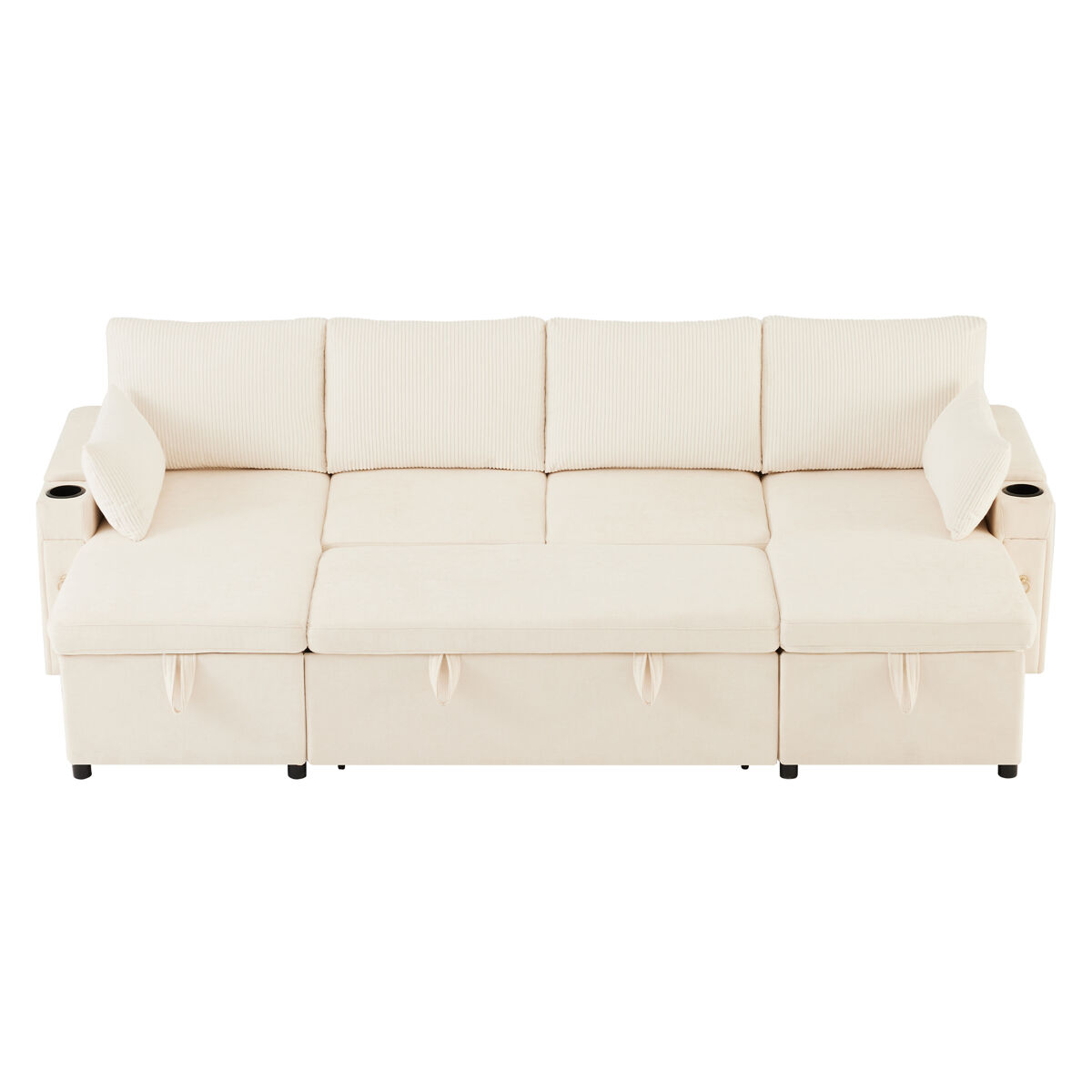 Sofá-cama em u com 4 lugares - com porta-copos, arrumação e função de cama - bege