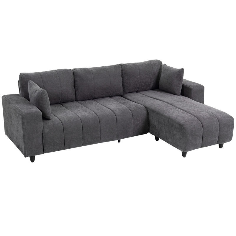 Homcom sofá chaise longue reversível em l de 3 lugares, com 2 almofadas, estofado em linho, estrutura em acier, para sala, 242x156x87 cm, gris escuro