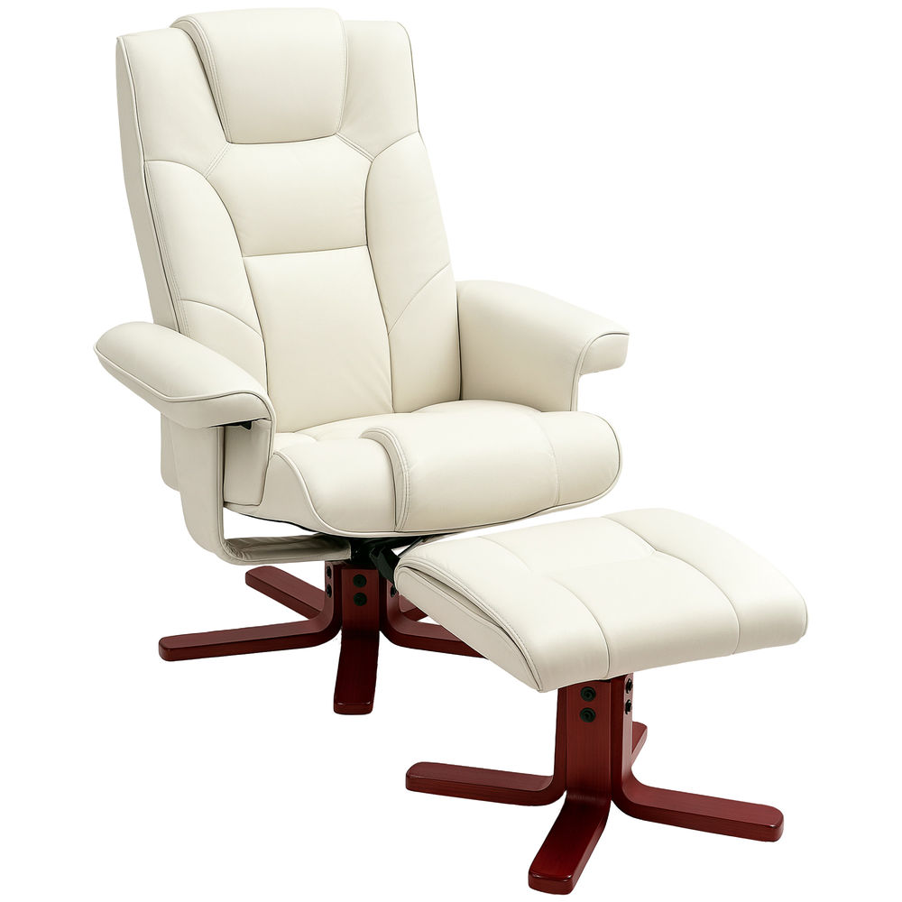 Homcom poltrona reclinável com apoio para pés, estofada em tecido tecnológico e madeira, suporta 150 kg, ideal para quarto ou sala, cor creme