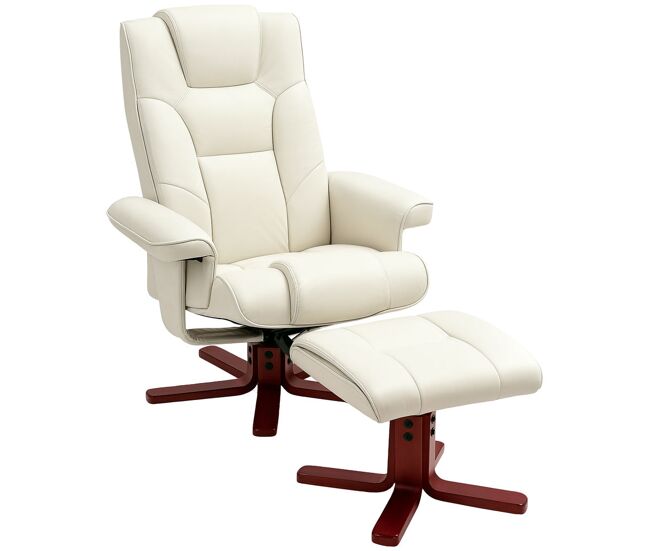 Homcom poltrona reclinável com apoio para pés, estofada em tecido tecnológico e madeira, suporta 150 kg, ideal para quarto ou sala, cor creme