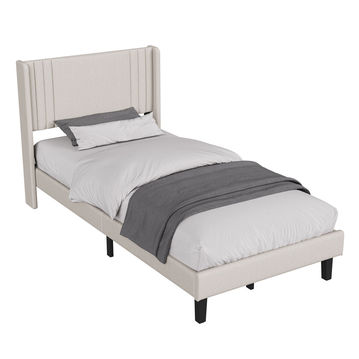 Cama individual 90x200 cm bege com tecido efeito linho, cabeceira almofadada e espaço por baixo da cama