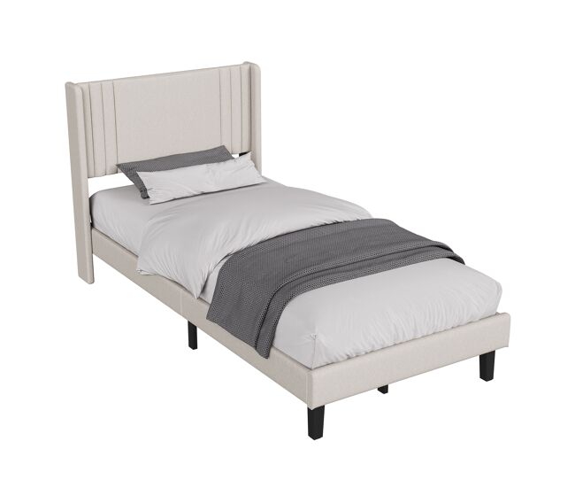 Cama individual 90x200 cm bege com tecido efeito linho, cabeceira almofadada e espaço por baixo da cama
