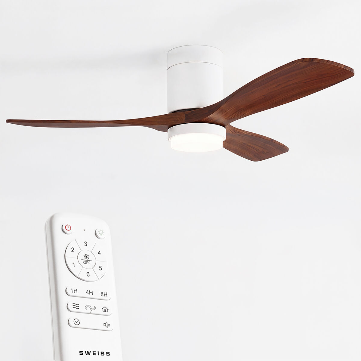 Ventoinha de teto flow26 de 132 cm com luz led de 18 w, 6 velocidades, comando à distância, temporizador até 8 h e função verão/inverno, acabamento