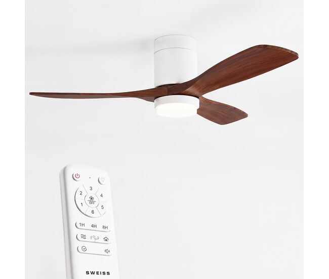 Ventoinha de teto flow26 de 132 cm com luz led de 18 w, 6 velocidades, comando à distância, temporizador até 8 h e função verão/inverno, acabamento