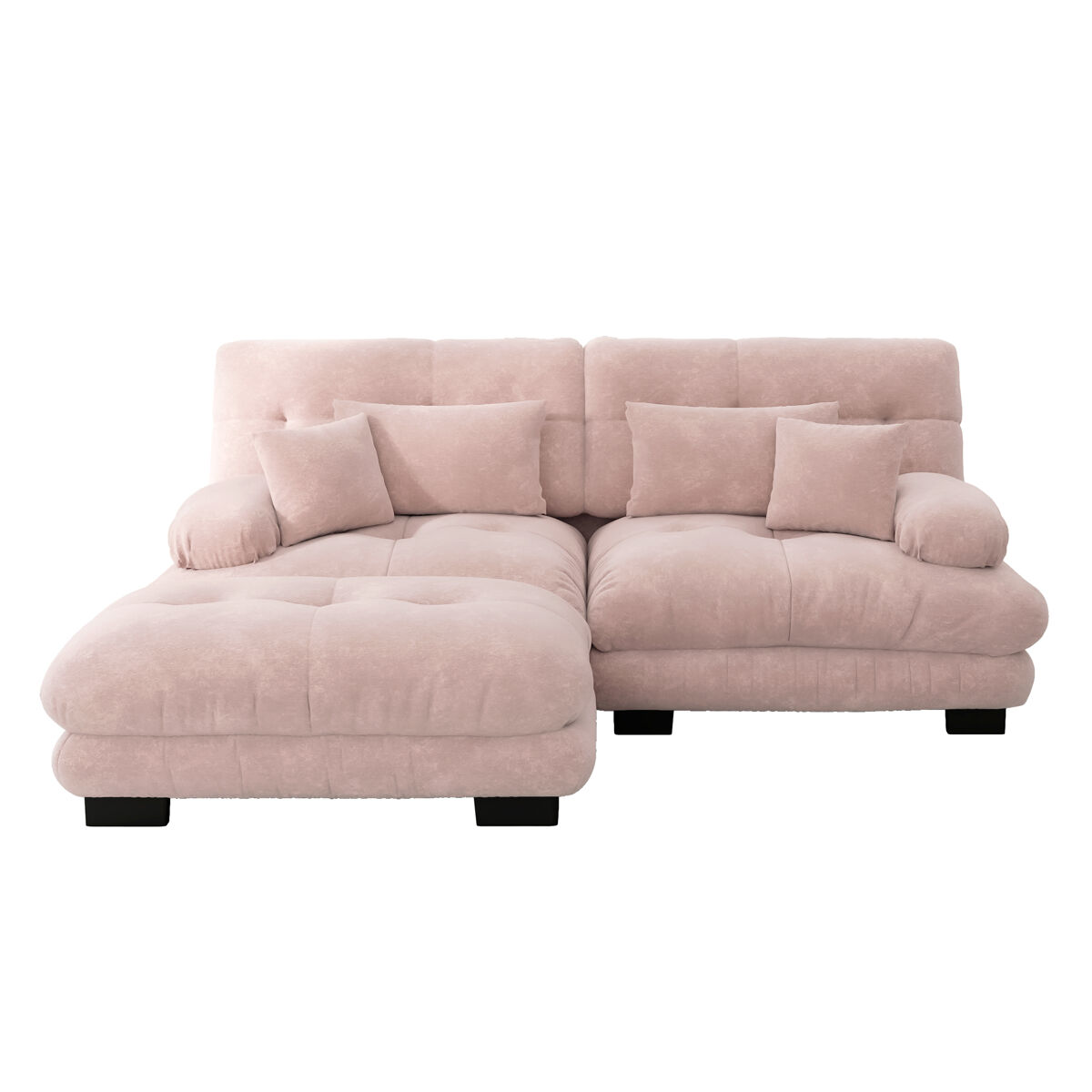Sofá de canto cloud 2 lugares - sofá de chenille com 2 almofadas lombares e 2 almofadas decorativas, com braços largos e otomano - rosa