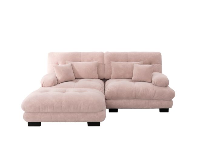 Sofá de canto cloud 2 lugares - sofá de chenille com 2 almofadas lombares e 2 almofadas decorativas, com braços largos e otomano - rosa