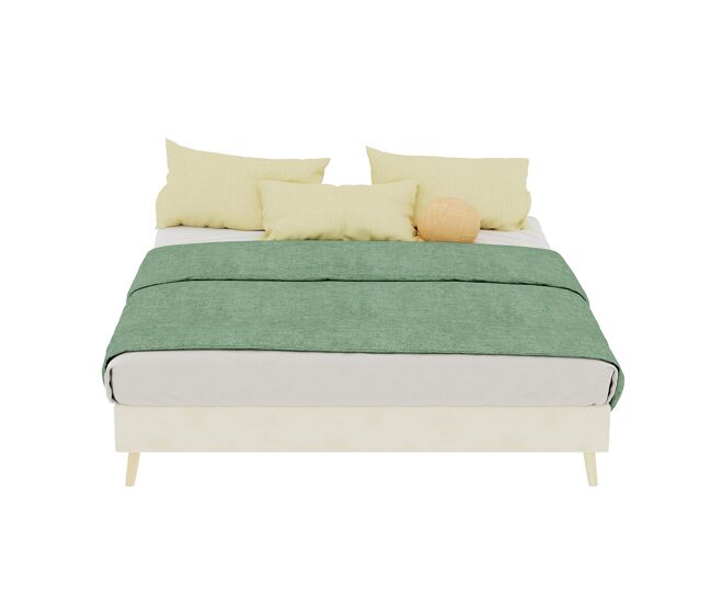 Cama moderna minimalista 140x200 - base baixa, tecido veludo holandês - bege