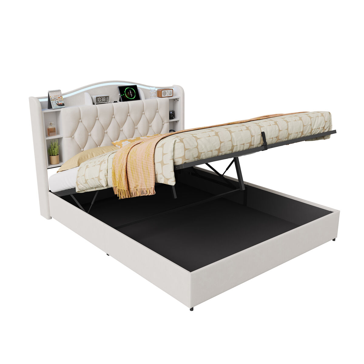 Cama com arrumação 160x200 cm em veludo bege, cabeceira com étagères, led rgb controlável por aplicativo, carregamento sans fil, usb-c, estrado de ripas