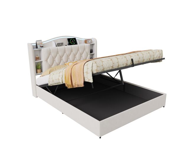 Cama com arrumação 160x200 cm em veludo bege, cabeceira com étagères, led rgb controlável por aplicativo, carregamento sans fil, usb-c, estrado de ripas