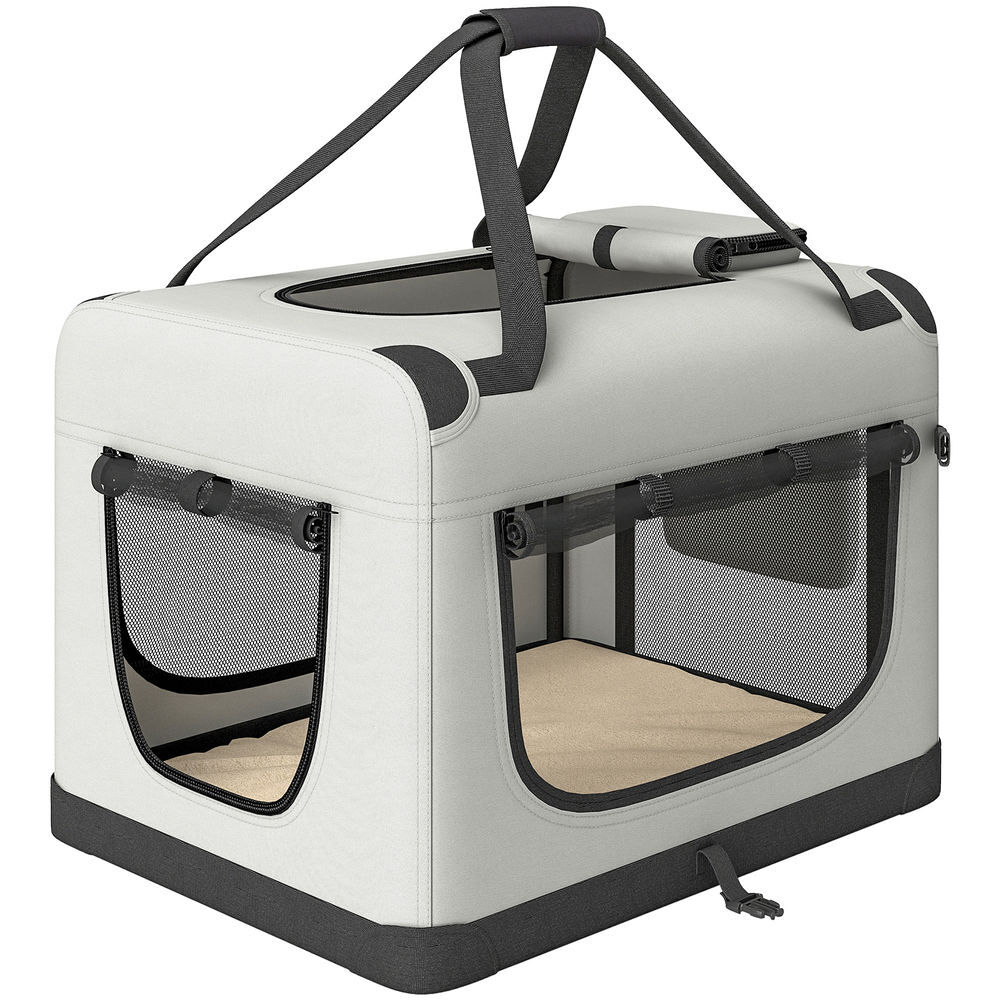 Pawhut transportadora dobrável para cão pequeno até 10 kg e gato, bolsa de viagem para carro com almofada, gris claro