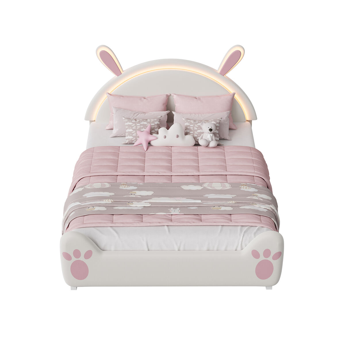 Cama infantil de 140×200 cm com desenho de coelho, iluminação led e decoração diy, em tecido confortável e seguro