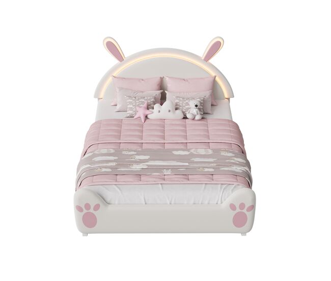 Cama infantil de 140×200 cm com desenho de coelho, iluminação led e decoração diy, em tecido confortável e seguro