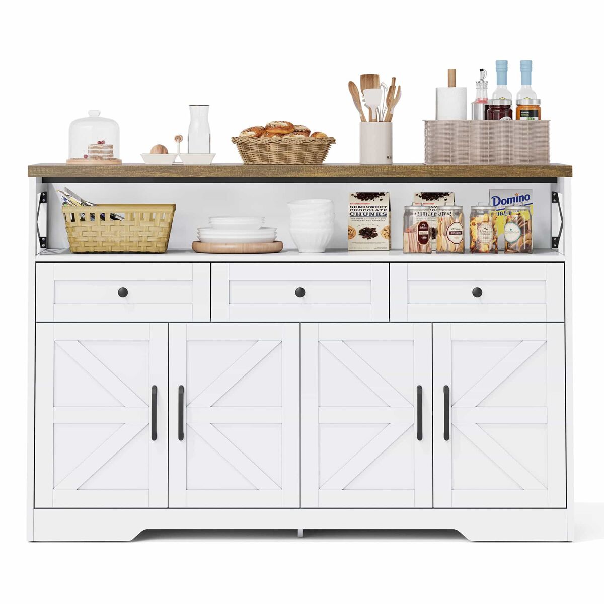 Buffet 140 cm - com arrumação, 3 gavetas, portas e étagères ajustáveis, estilo rústico - castanho/blanc