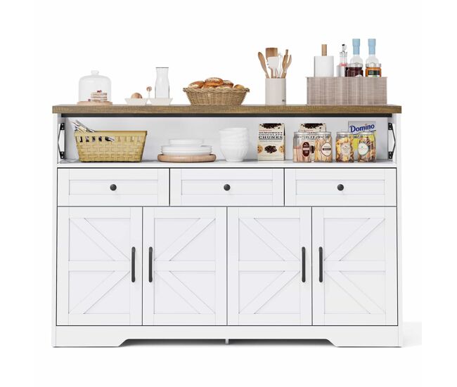 Buffet 140 cm - com arrumação, 3 gavetas, portas e étagères ajustáveis, estilo rústico - castanho/blanc