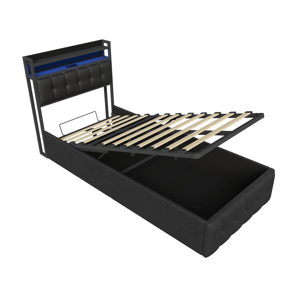 Cama 90x200 cm com espaço de armazenamento e sistema de elevação pneumática, cabeceira em couro sintético noir com arrumação, iluminação led rgb, portas usb e usb-c