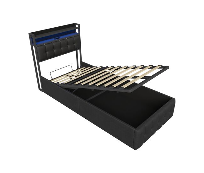 Cama 90x200 cm com espaço de armazenamento e sistema de elevação pneumática, cabeceira em couro sintético noir com arrumação, iluminação led rgb, portas usb e usb-c