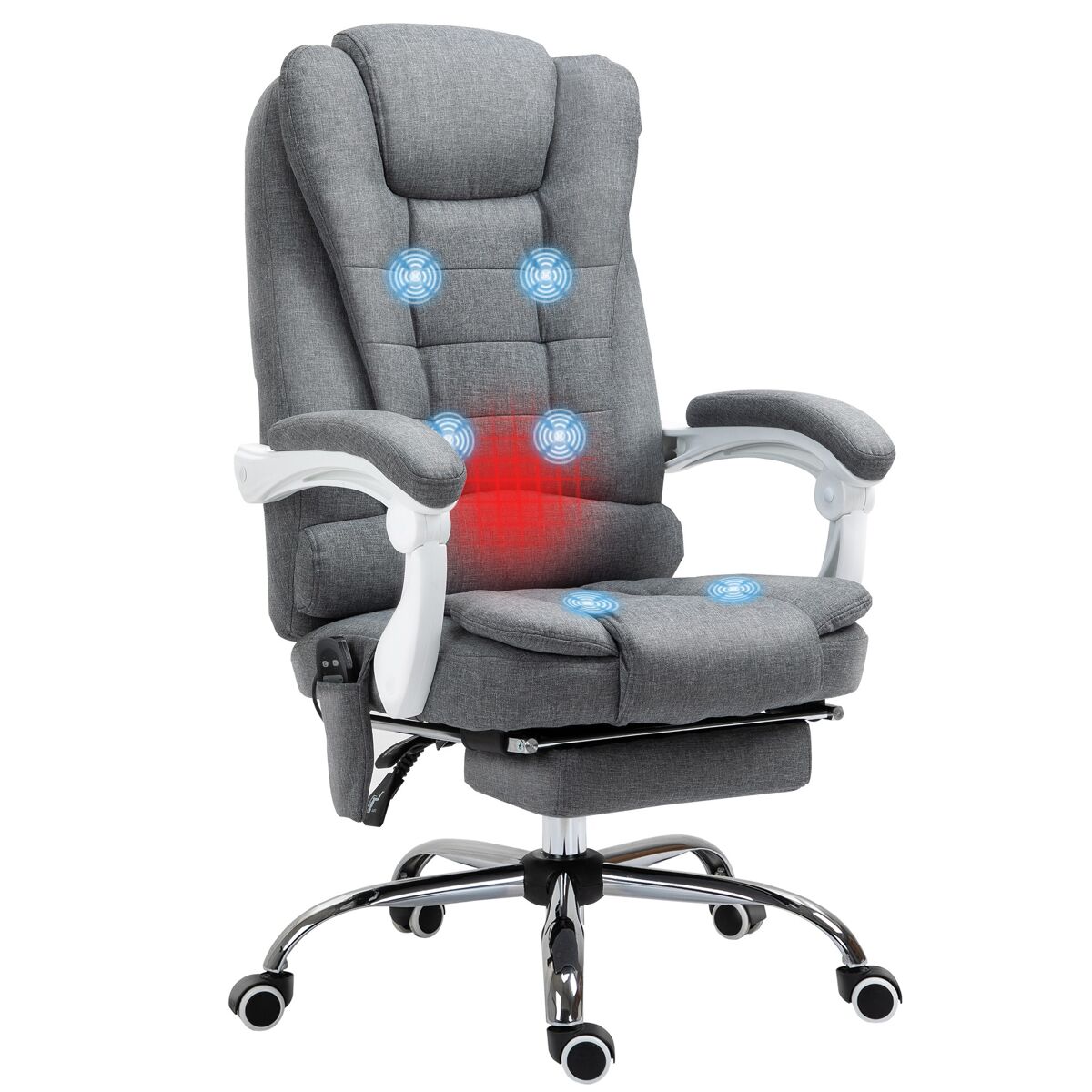 Cadeira de massagem com 6 pontos de massagem cadeira de escritório reclinável com altura ajustável função de aquecimento apoio para os pés e controlo remoto 65x70x111-119 cm gris
