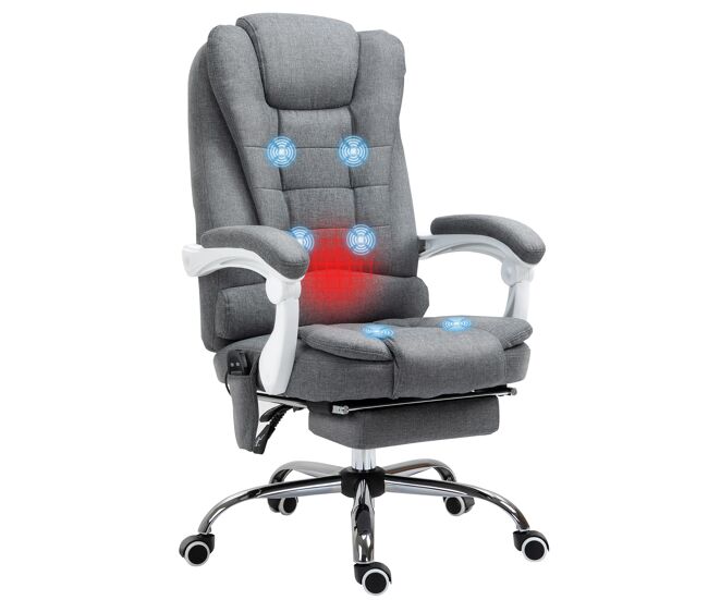 Cadeira de massagem com 6 pontos de massagem cadeira de escritório reclinável com altura ajustável função de aquecimento apoio para os pés e controlo remoto 65x70x111-119 cm gris