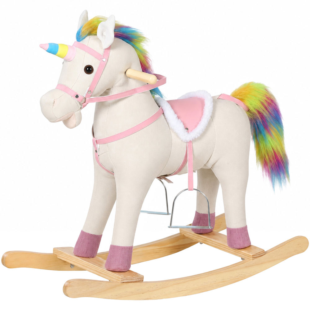 Aiyaplay cavalinho de baloiço para bebé unicórnio com som e base de madeira, creme, 1-3 anos