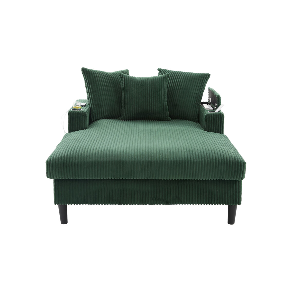 Sofá lounge de 1 lugar - multifuncional com chaise longue, porta-copos, iluminação led, espaço de arrumação e porta usb - verde-esmeralda