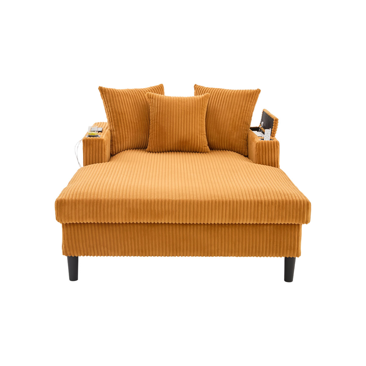 Sofá lounge multifuncional de 1 lugar - chaise longue com ampla superfície de descanso, porta-copos em ambos os lados, iluminação led, bolso lateral, espaço de arrumação, porta de carregamento usb, pés de plástico estáveis - cor mostarda